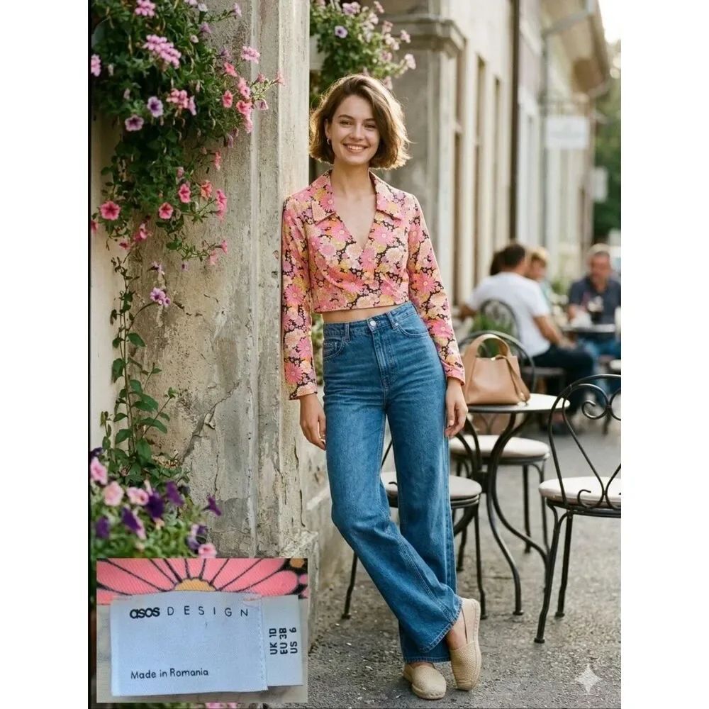 ASOS DESIGN 60s Retro Floral Pink Twill Wrap Crop Top - Size US 6